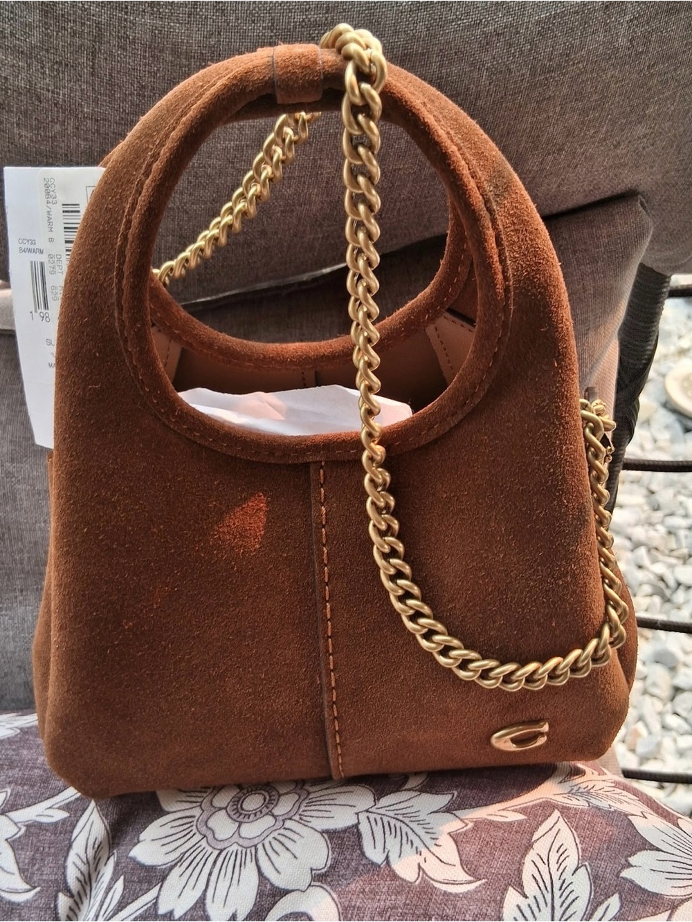 Coach Brown Suede Lana 19 with gold chain strap!